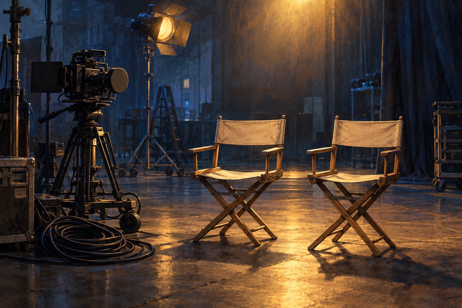 Conceptual illustration of two empty actors’ chairs beside a cinema camera on a warmly lit soundstage.