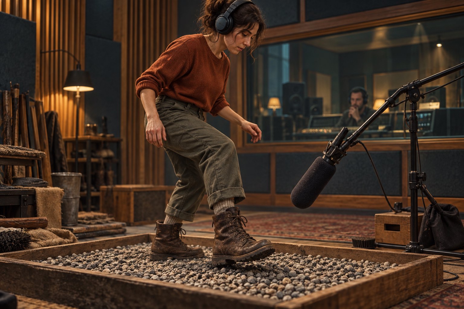 Editorial illustration of a Foley artist recording footsteps on gravel while a sound engineer watches through a studio window.