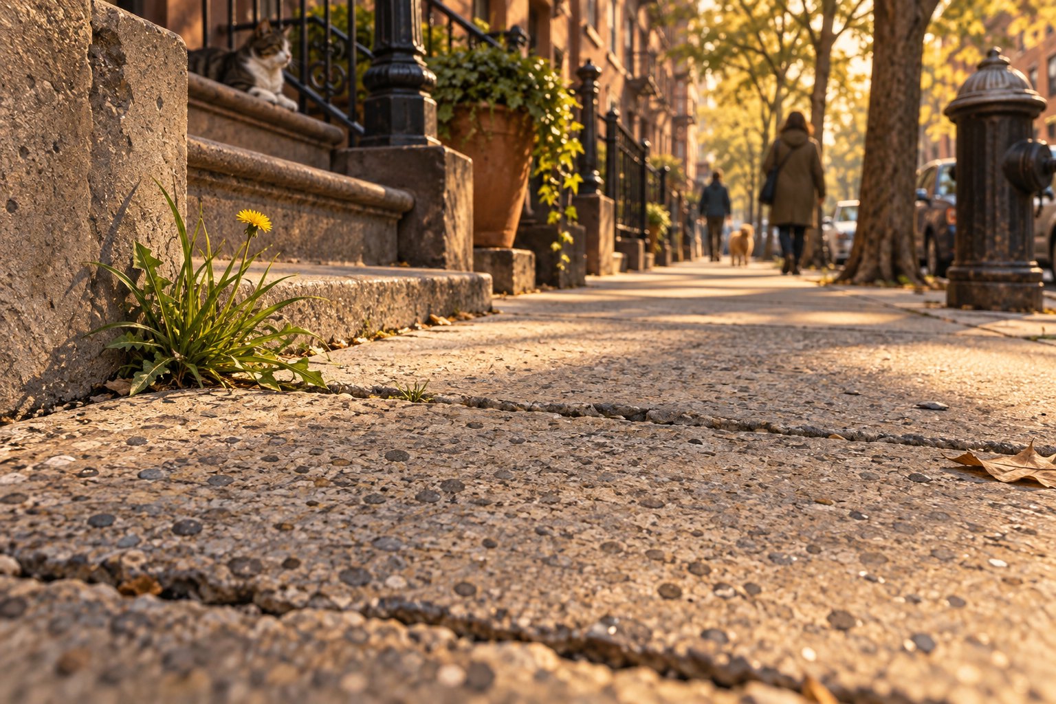 Editorial illustration of a textured city sidewalk with grass growing through a crack, brownstone stoops, and distant pedestrians in warm afternoon light.