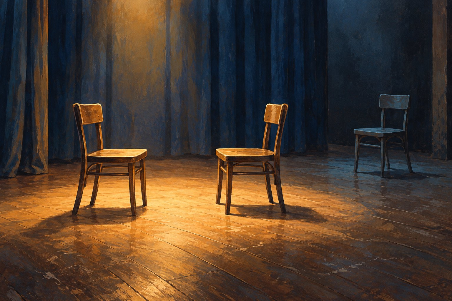 Conceptual illustration of two wooden chairs facing each other in warm stage light, with a third chair set apart in shadow.
