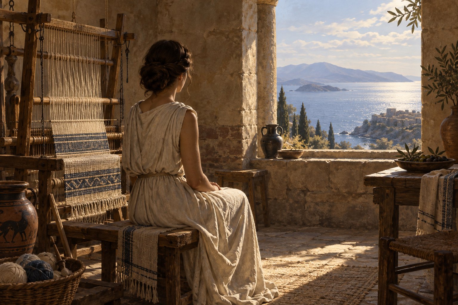 Concept illustration of Penelope seated beside an unfinished weaving in a sunlit stone room overlooking the sea.