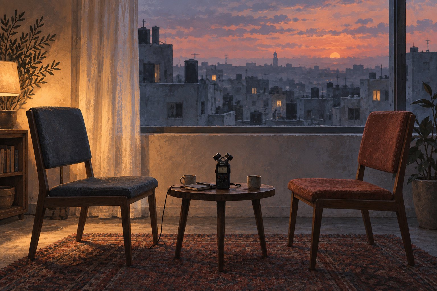 Conceptual illustration of two empty interview chairs and an audio recorder beside a window overlooking rooftops at dusk.