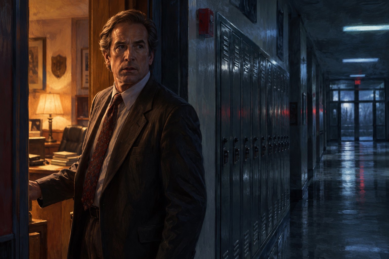 Painterly illustration of a worried school principal standing between a warmly lit office and a dark, empty hallway.