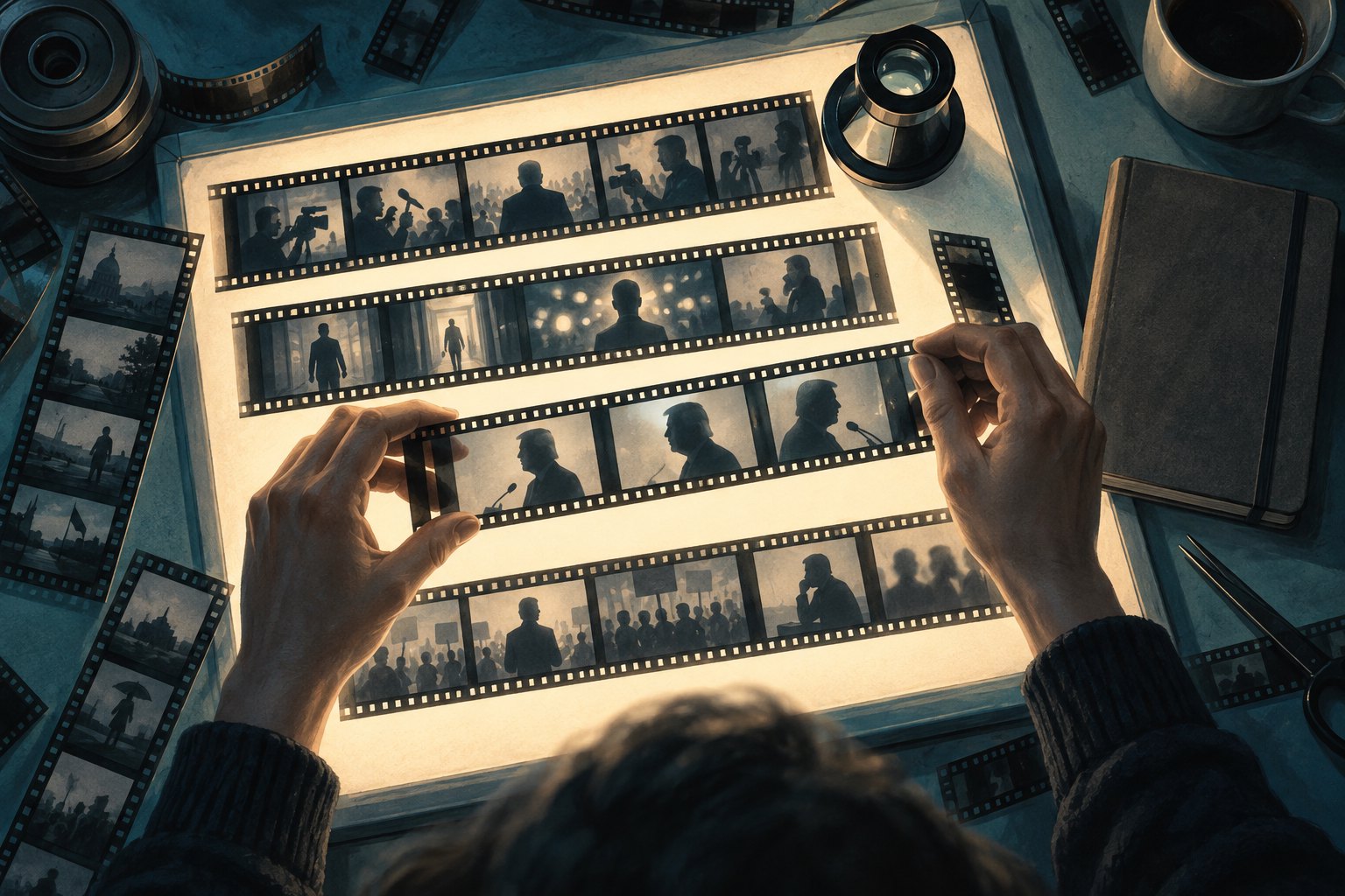 Conceptual illustration of film strips, a magnifying loupe, and a closed notebook on an illuminated editing table.
