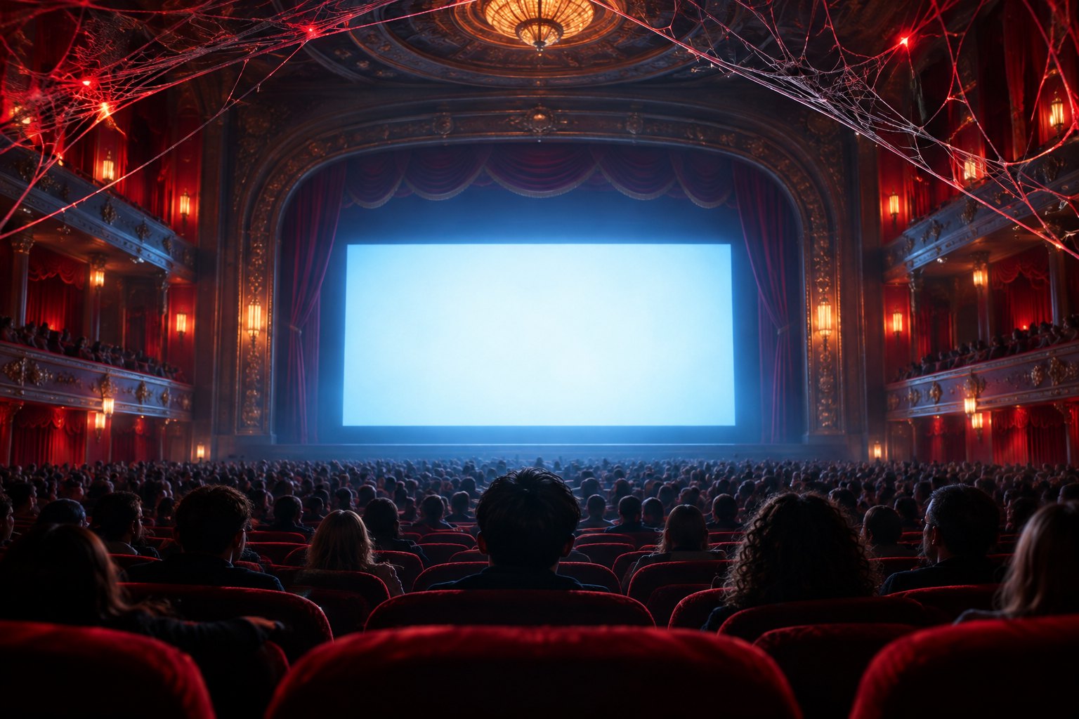 Editorial illustration of a crowded movie theater with red seats, a glowing blank screen, and delicate web strands overhead.