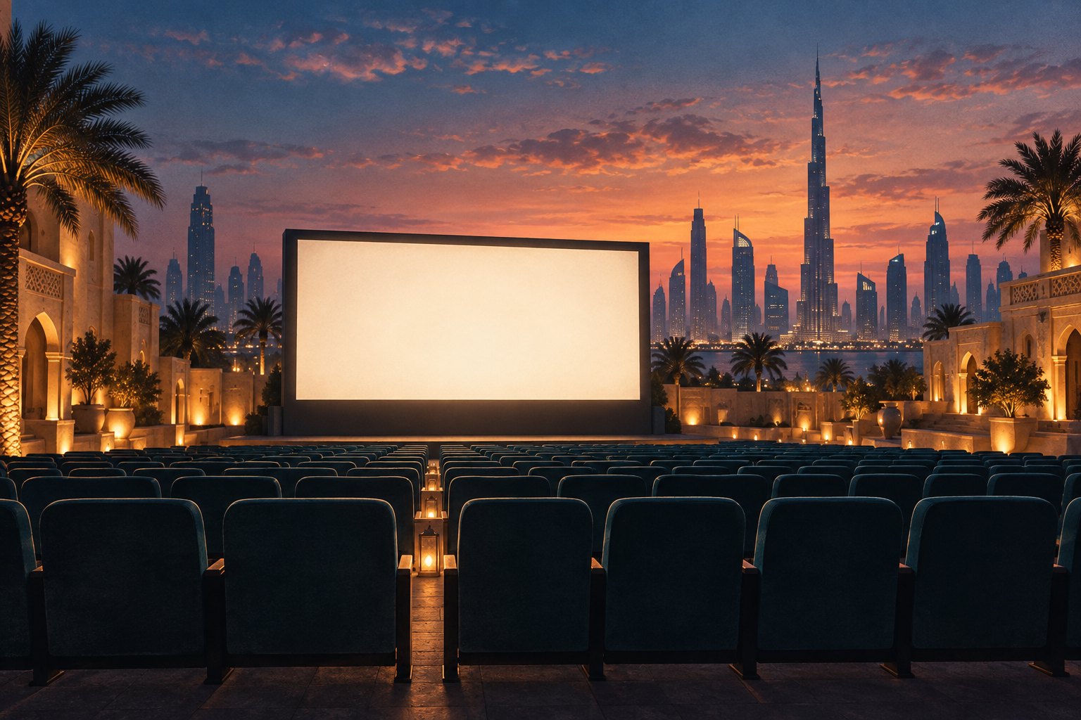 Conceptual illustration of an outdoor cinema with a blank screen and empty seats against the Dubai skyline at dusk.