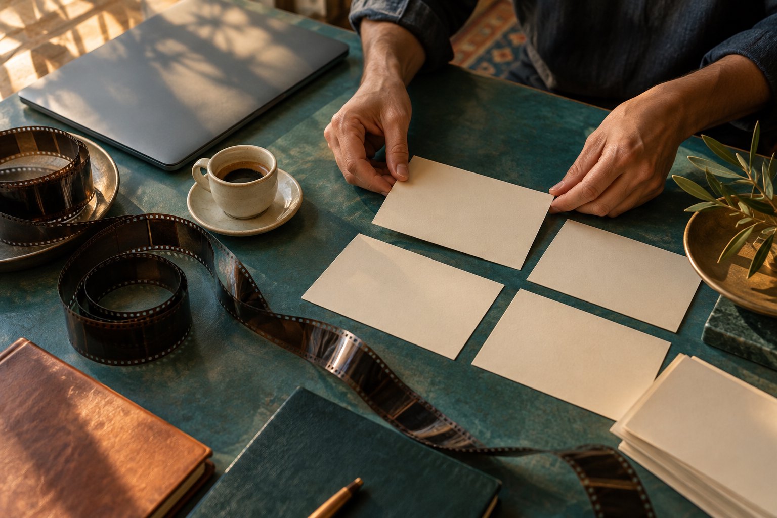 Conceptual illustration of hands arranging blank program cards beside a filmstrip, closed laptop, and coffee cup.