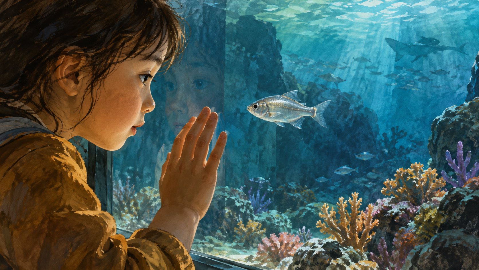孩子隔著水族箱玻璃專注觀察銀色小魚，呈現從冒險想像走向細心觀察的原創概念插畫，非活動現場。