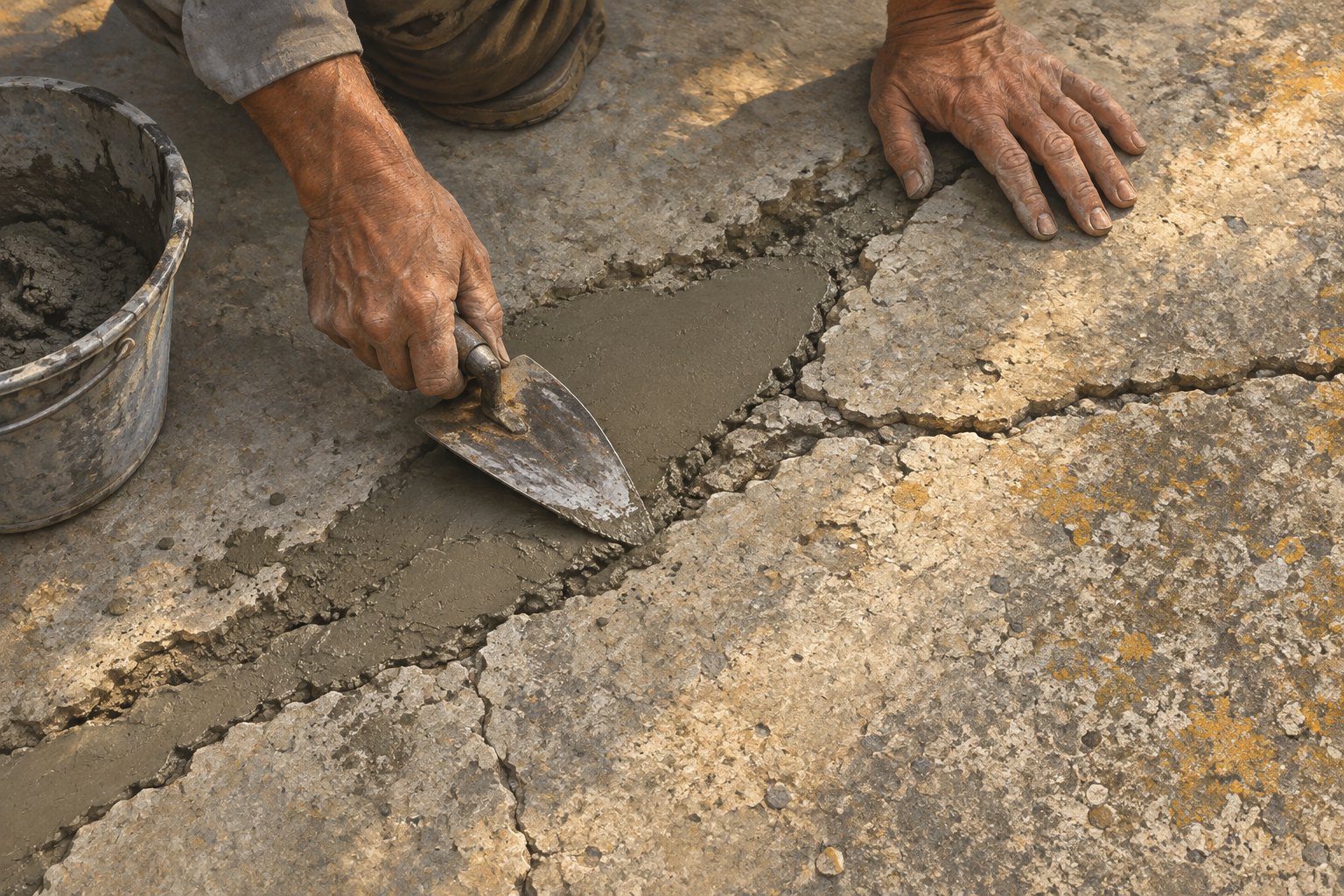 Conceptual editorial illustration of work-worn hands using a trowel to repair a crack in weathered concrete.
