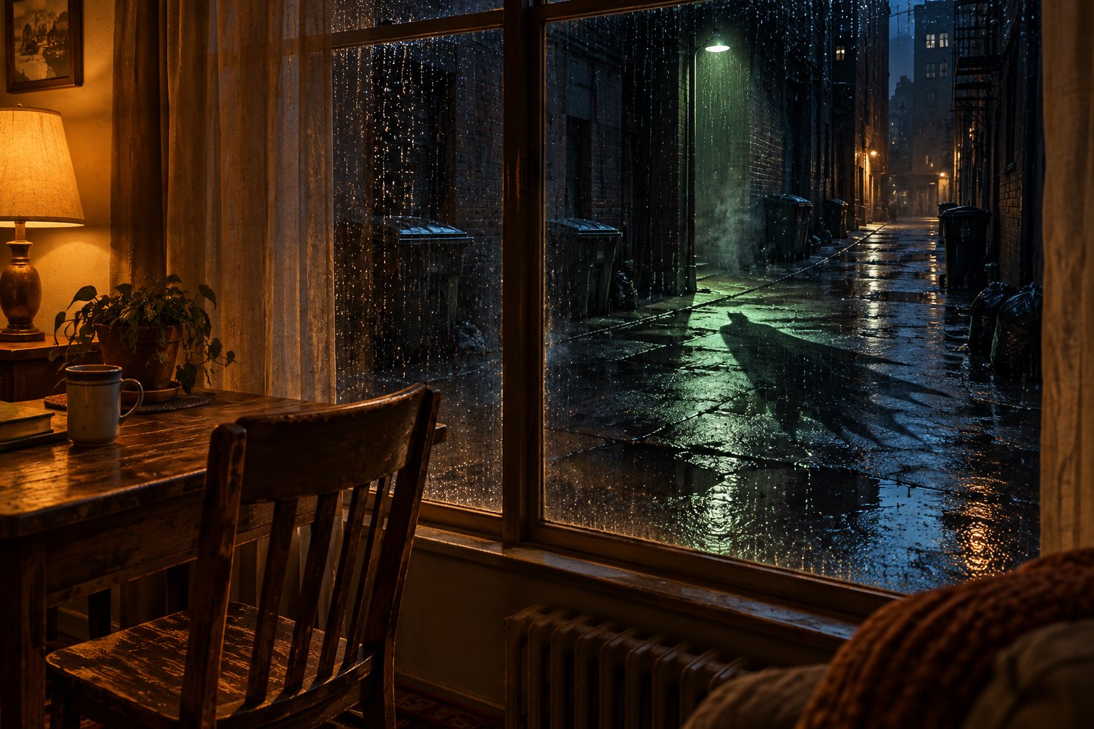 Concept illustration of a warmly lit apartment overlooking a rainy alley where a caped figure casts a long shadow.