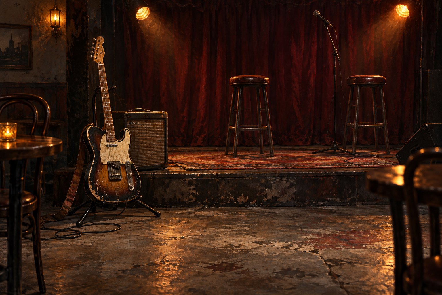 Conceptual editorial illustration of an electric guitar and amplifier beside empty stools on a small bar stage with a worn concrete floor.