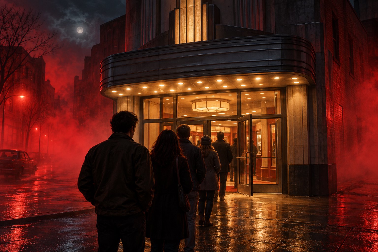 Conceptual illustration of moviegoers entering a warmly lit theater on a dark street filled with red mist.