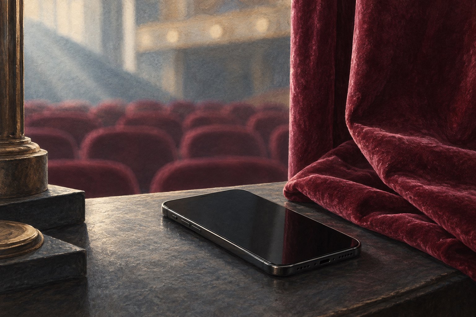 Conceptual illustration of a dark smartphone beside a burgundy theater curtain, with empty auditorium seats beyond.