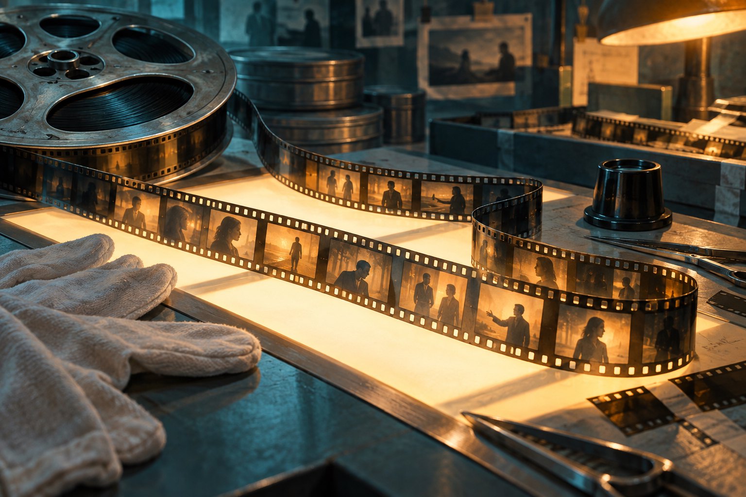 Conceptual illustration of film strips, metal reels, and cotton gloves arranged across an illuminated editing table.