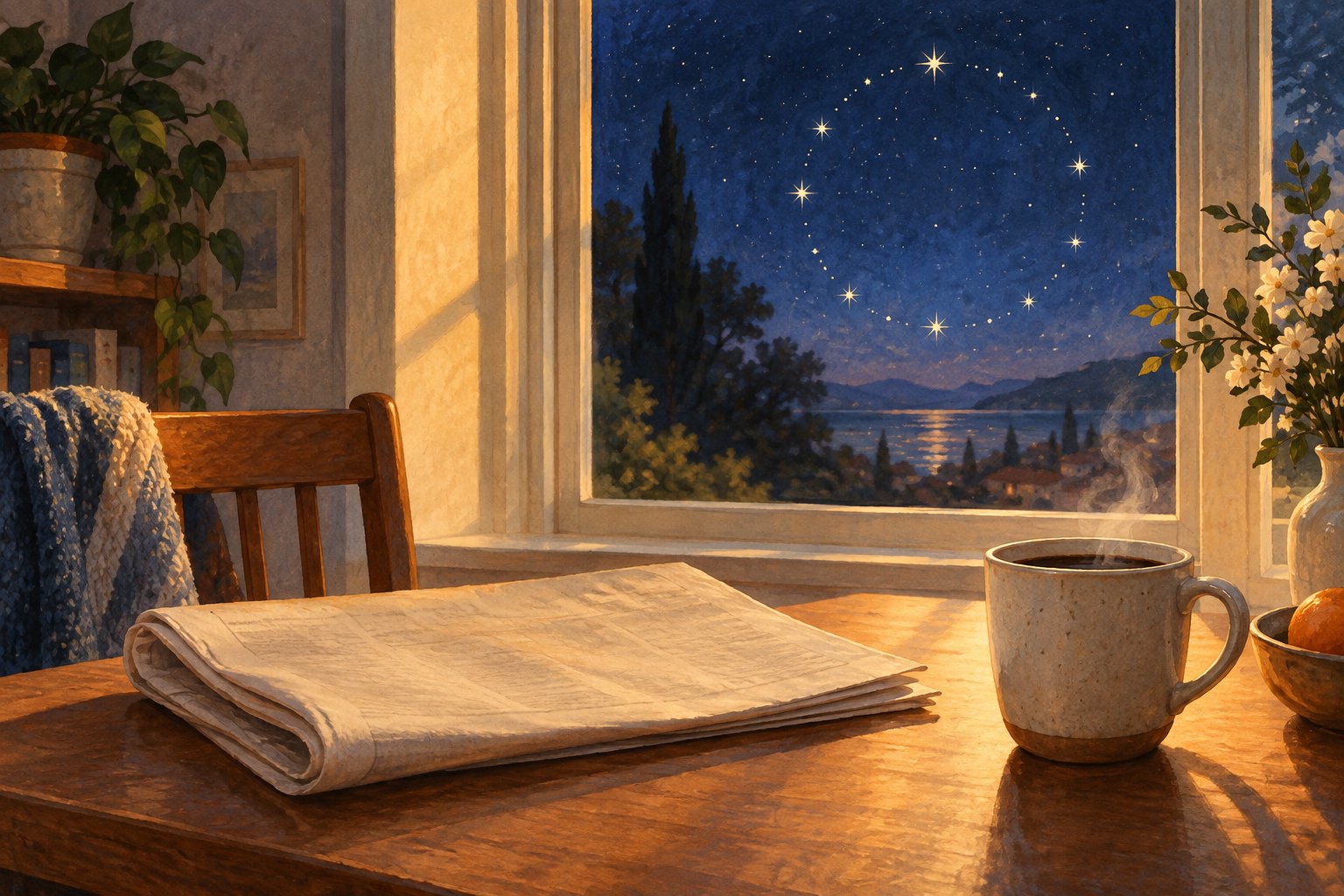 Painterly illustration of a blank newspaper and coffee cup beside a window overlooking a star-filled blue sky.