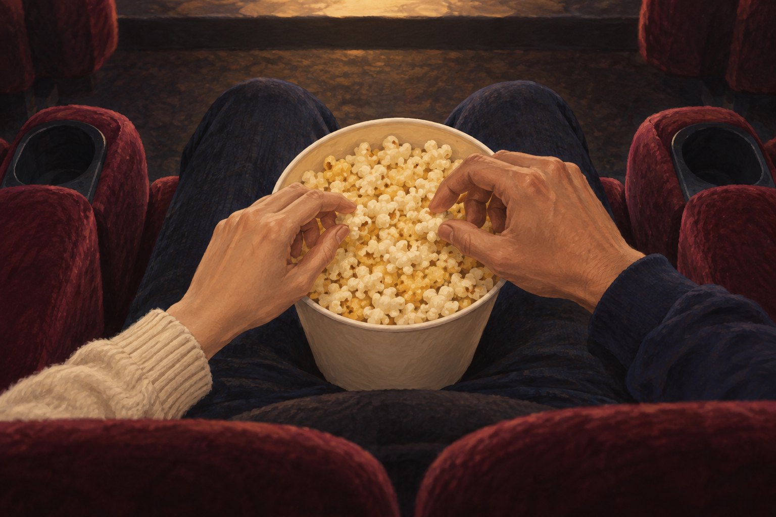 Conceptual overhead illustration of a moviegoer holding a plain popcorn tub between burgundy theater seats.