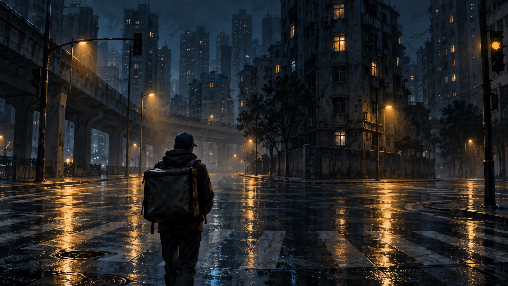 快遞員背著配送袋站在夜間城市路口的原創概念插畫,非電影劇照
