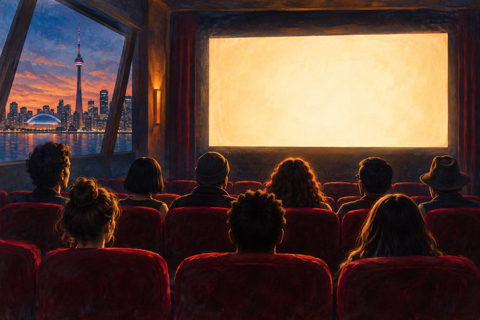 Painterly illustration of a cinema audience facing a glowing screen, with the Toronto skyline visible through a side window.