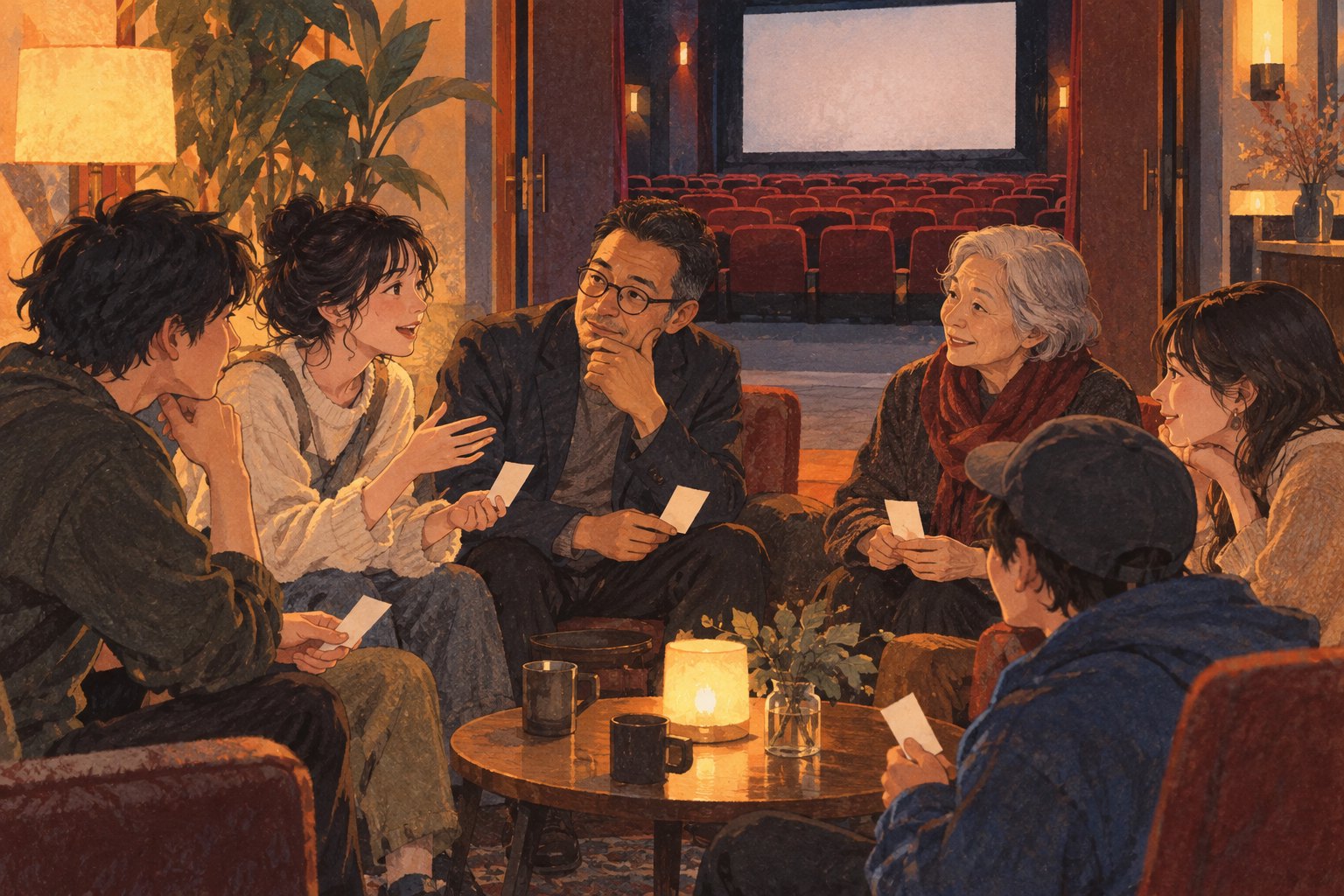 概念插画:不同年龄的观众在影院休息厅围坐交流,门后可见红色座椅与银幕