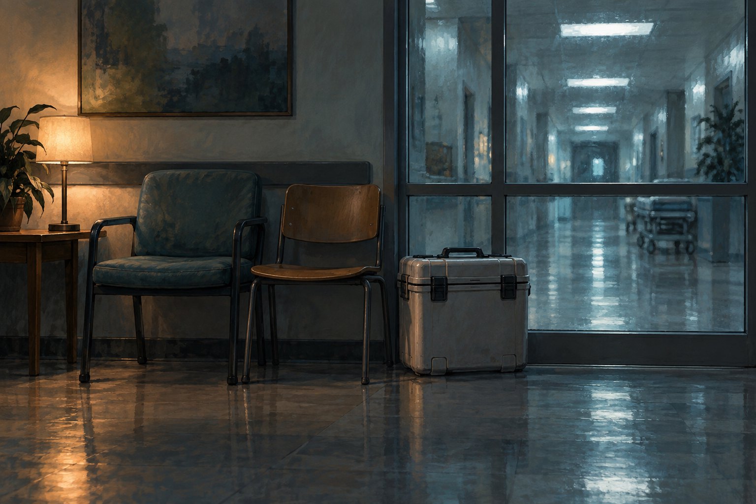 Concept illustration of an empty hospital waiting room with mismatched chairs and a medical transport case beside a glass corridor.