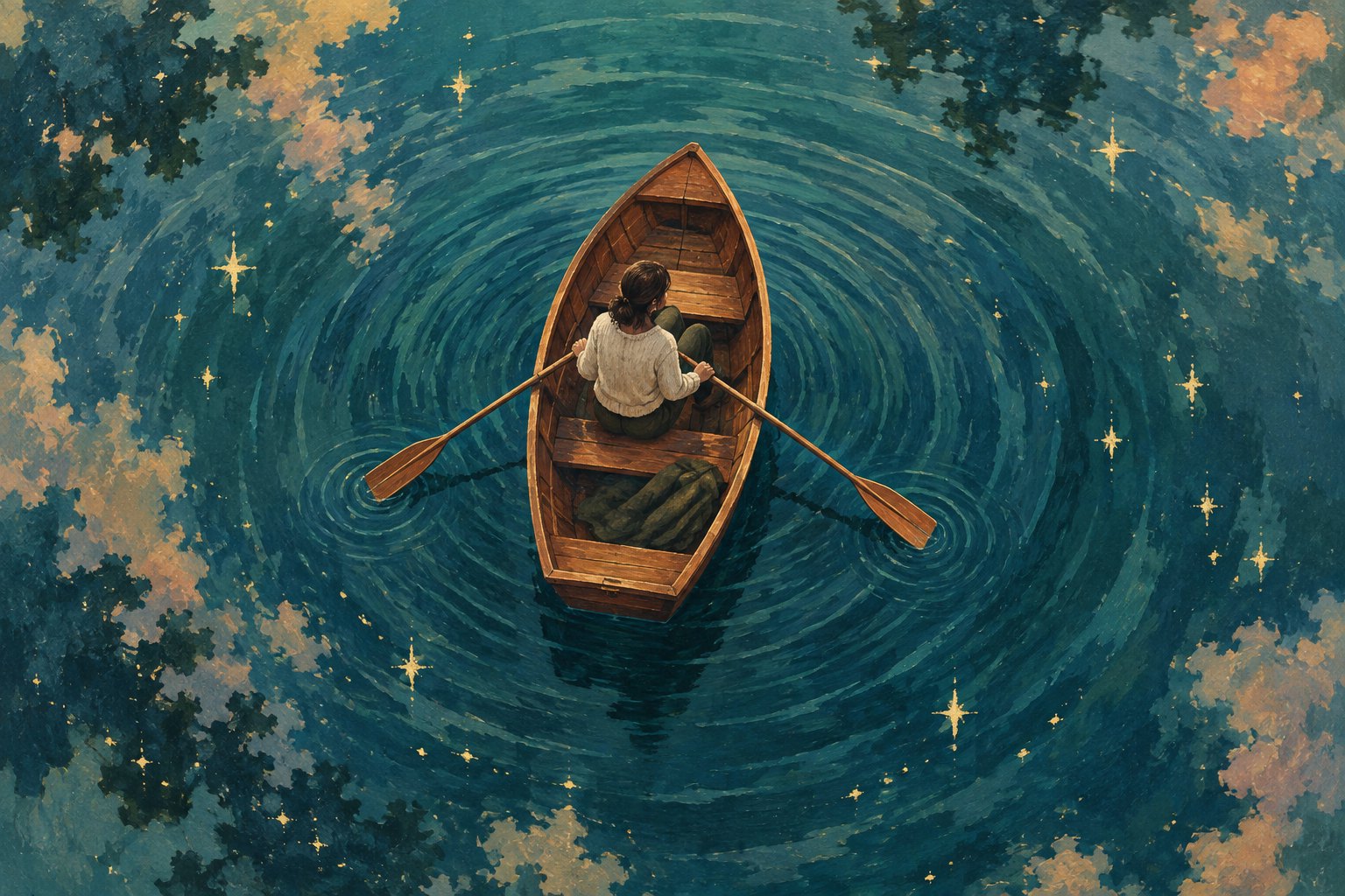 Overhead illustration of a lone rower in a wooden boat surrounded by circular ripples and star reflections on teal water.