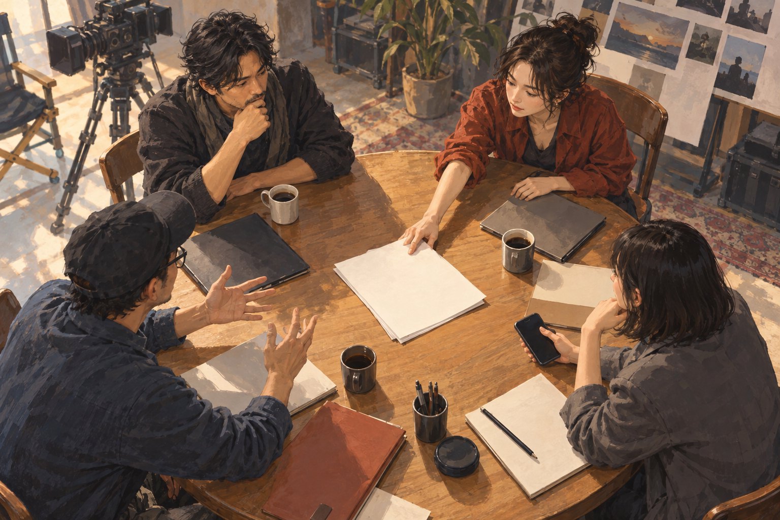 主题插画：四位电影工作者围坐木桌讨论，桌面摆着纸张、文件夹与咖啡杯