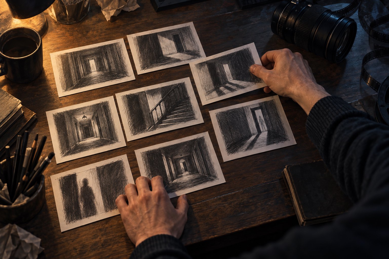 Hands arrange charcoal storyboard sketches of shadowy corridors and doorways beside a camera lens.