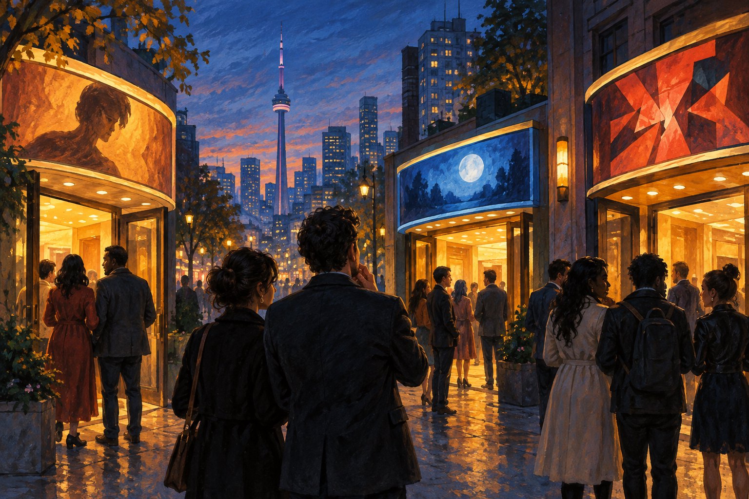 Illustration of moviegoers outside glowing cinemas at dusk, with Toronto’s CN Tower in the distance.