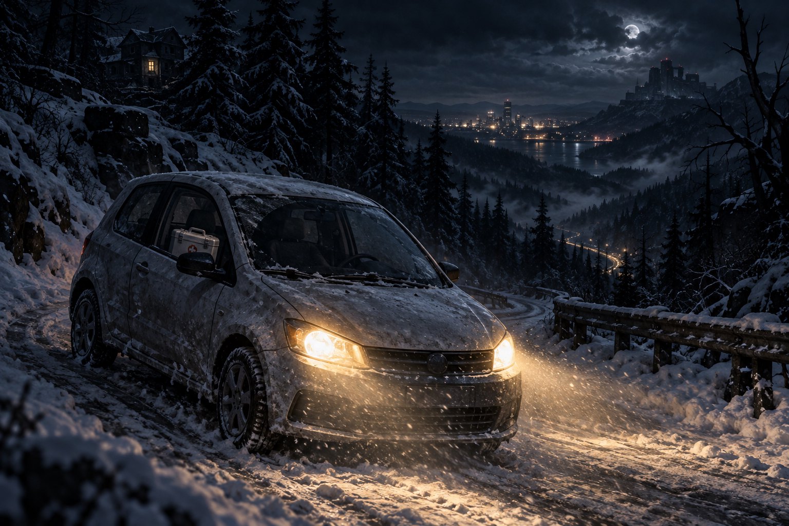 Concept illustration of a delivery car carrying a medical case along a snowy forest road at night.