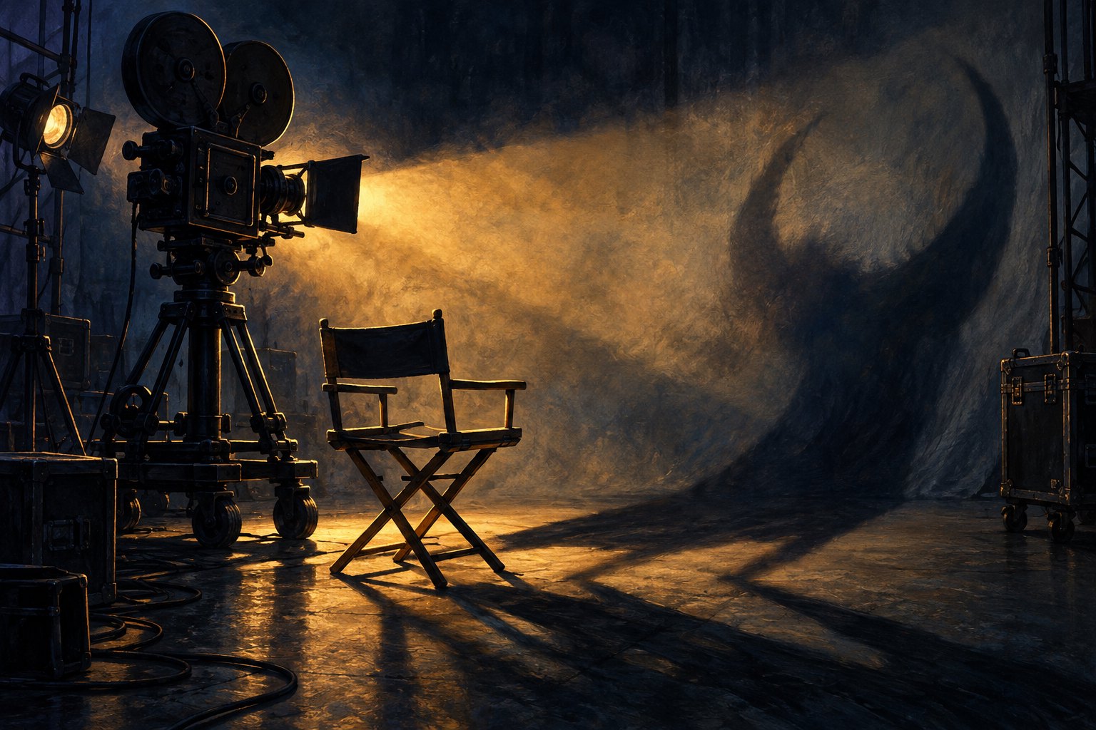 Symbolic illustration of an empty director’s chair beside a vintage movie camera casting an ominous shadow across a dark soundstage.