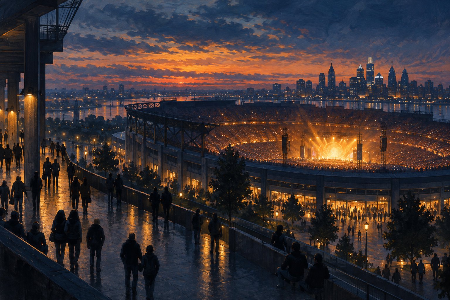 Conceptual illustration of a stadium glowing with warm concert light at twilight, with small figures on the surrounding concourse.