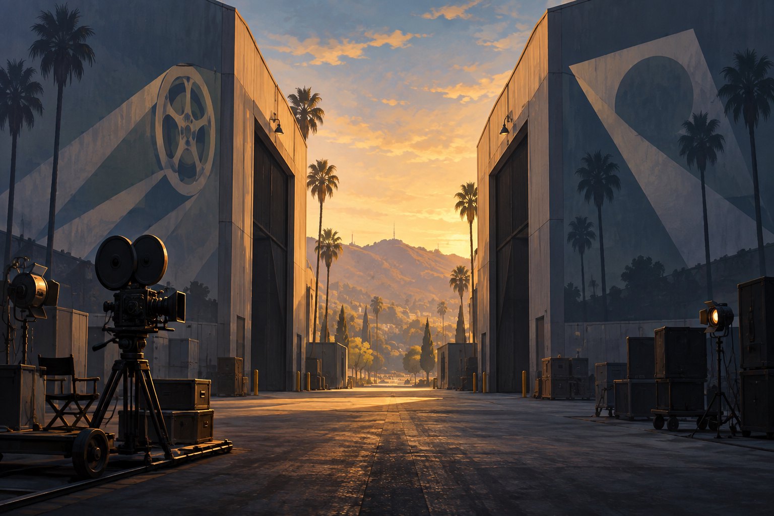 Editorial illustration of two studio soundstages flanking a sunlit passage, with a vintage movie camera in the foreground.