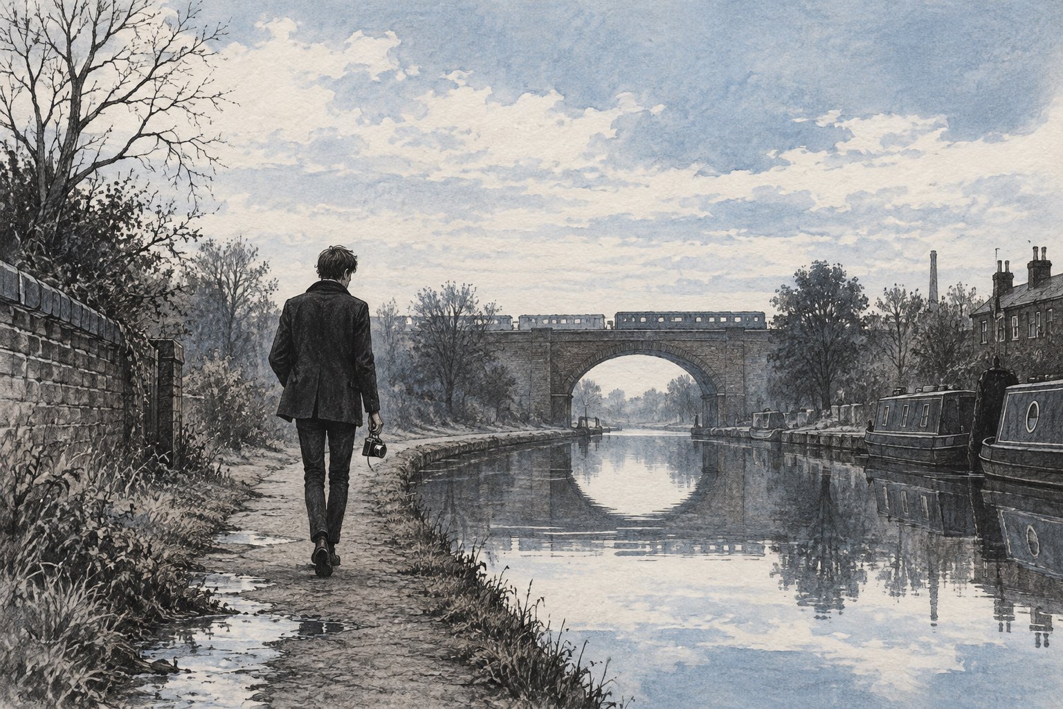 An interpretive charcoal illustration of a solitary young musician carrying a camera beside a quiet canal.