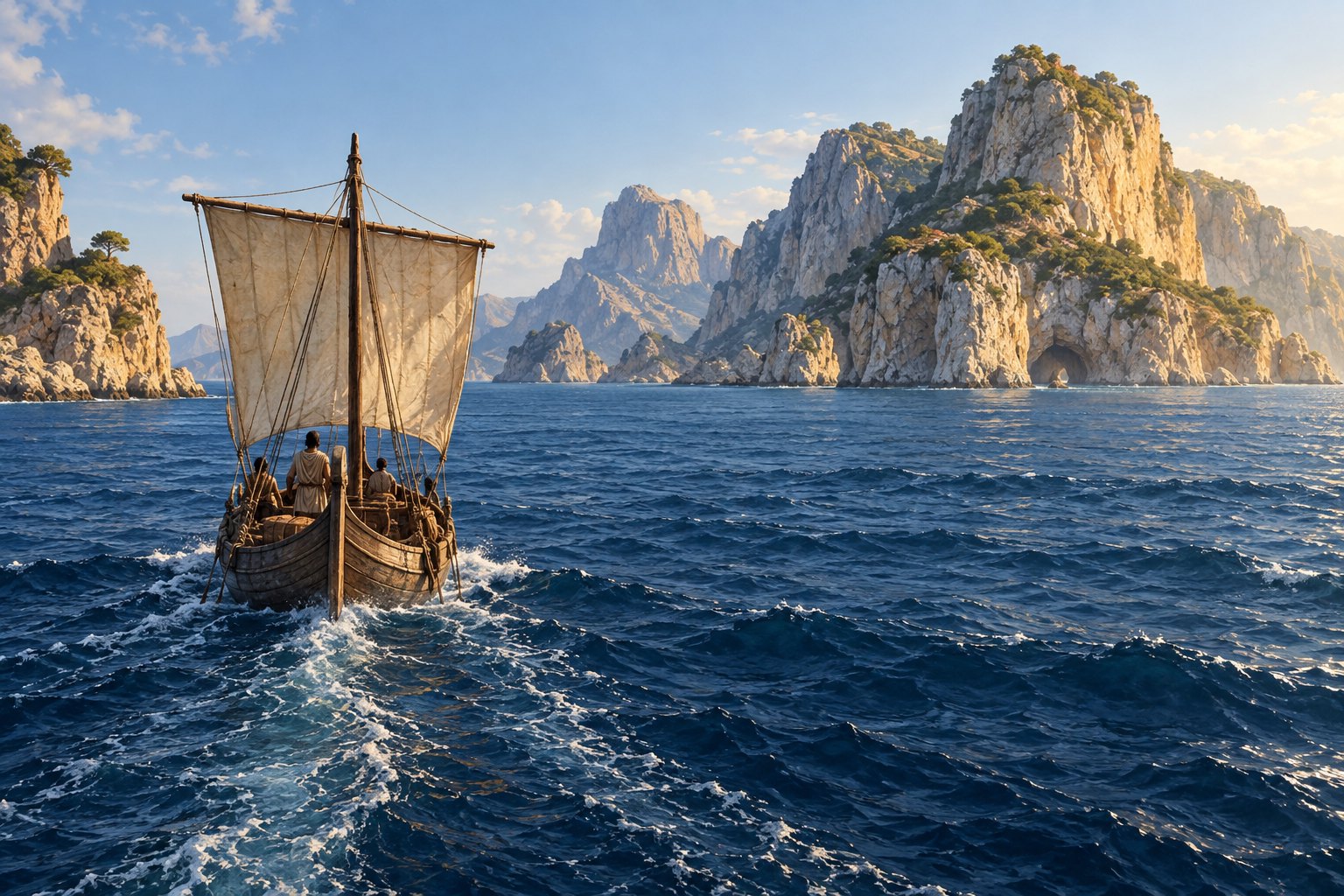 Original illustration of an ancient wooden sailing vessel approaching rugged Mediterranean islands across deep blue water.