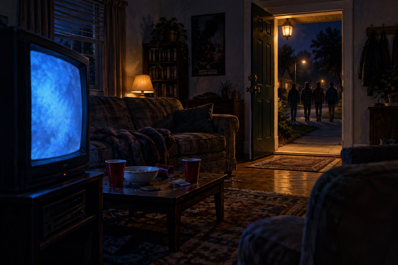 Illustration of a deserted living room with a glowing television as partygoers walk away through an open front door.