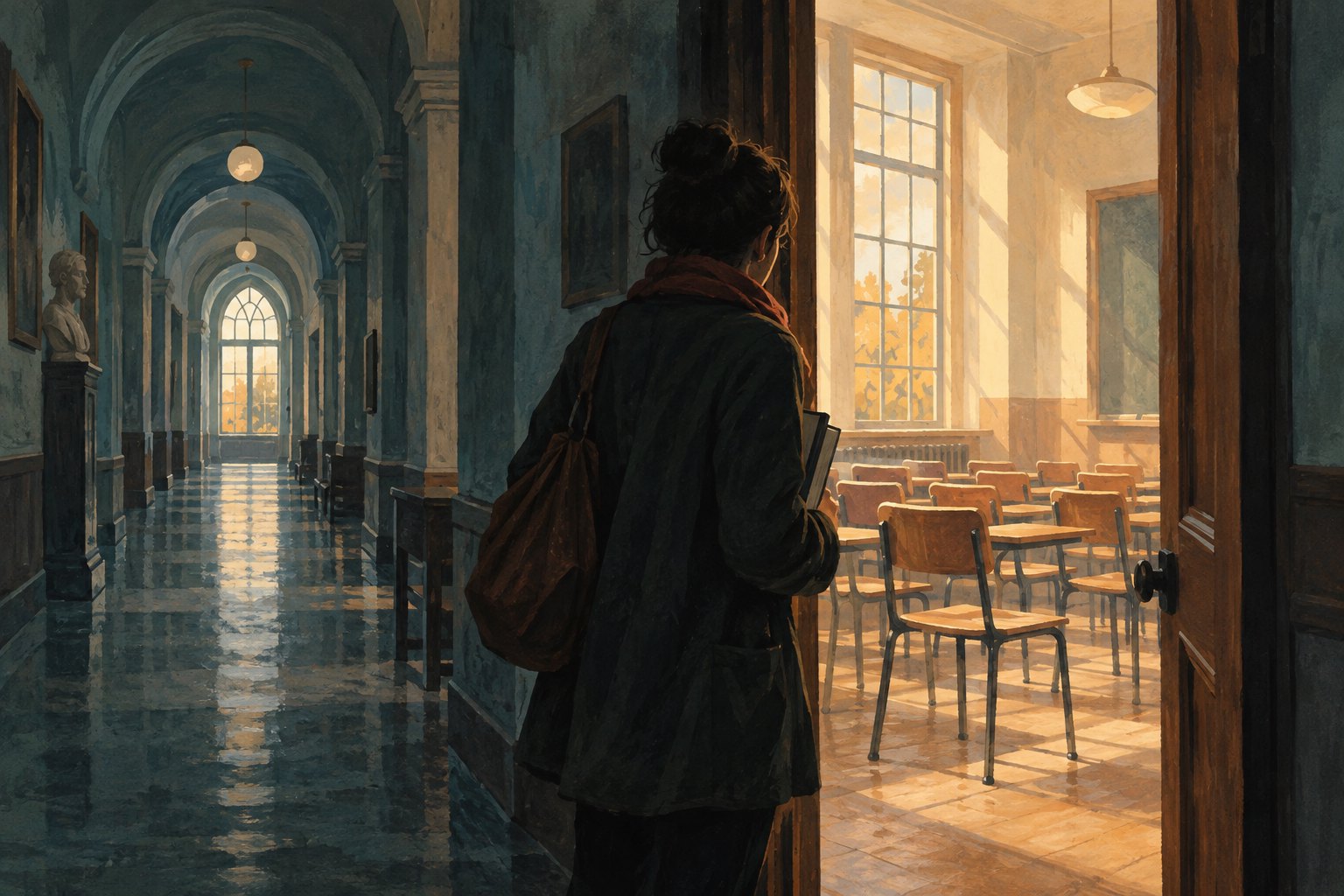 Conceptual illustration of a lone figure standing in a shadowed college hallway beside a warmly lit classroom.