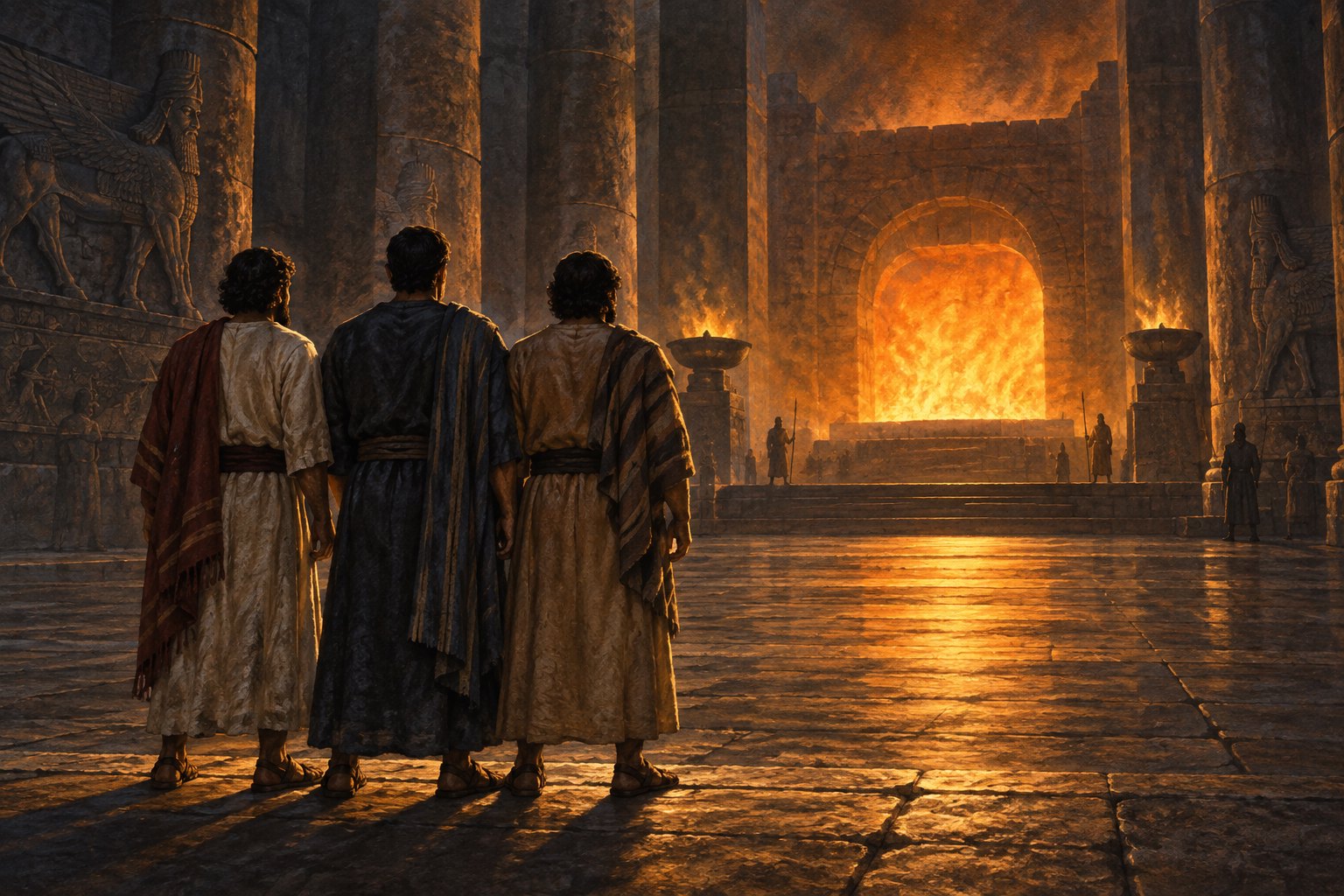 Conceptual illustration of three robed men standing together in a shadowed stone hall facing a distant glowing furnace.