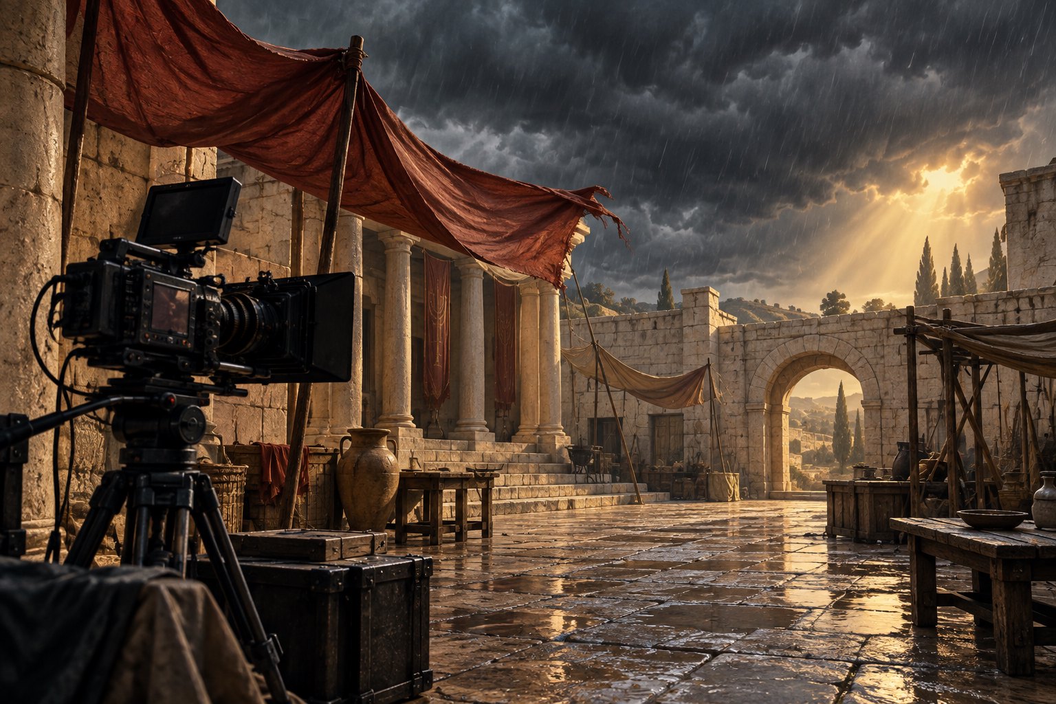 Conceptual illustration of a cinema camera and windblown canopy on an ancient-style courtyard set beneath storm clouds.