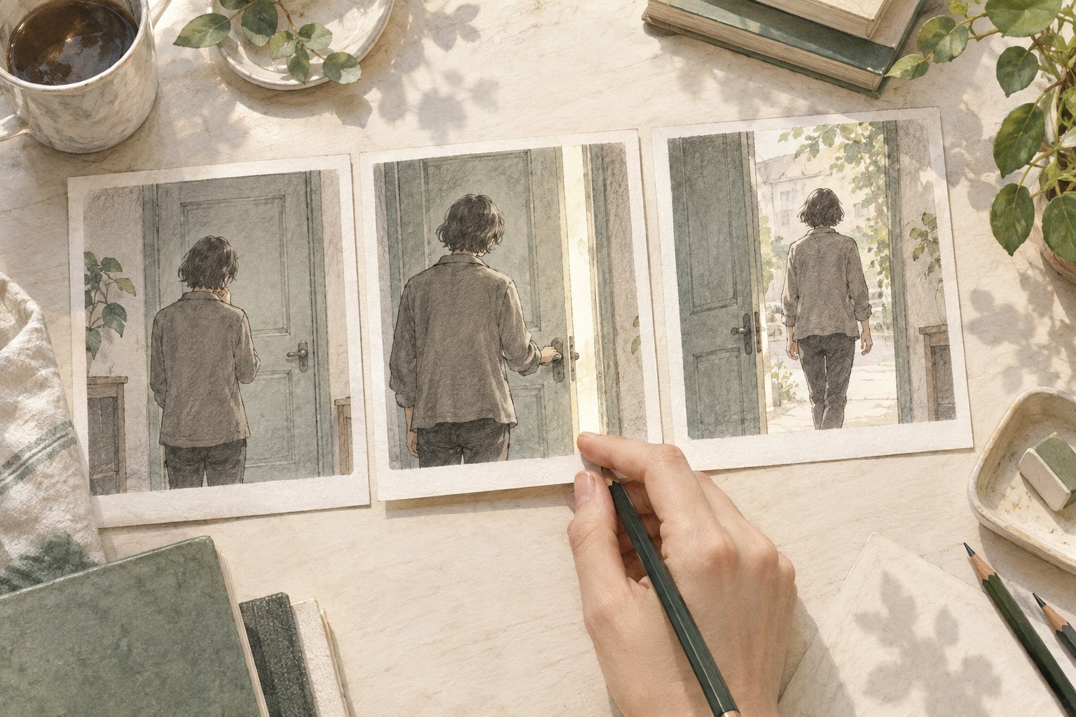 手持铅笔的人整理三张描绘人物犹豫、开门与离开的分镜插画