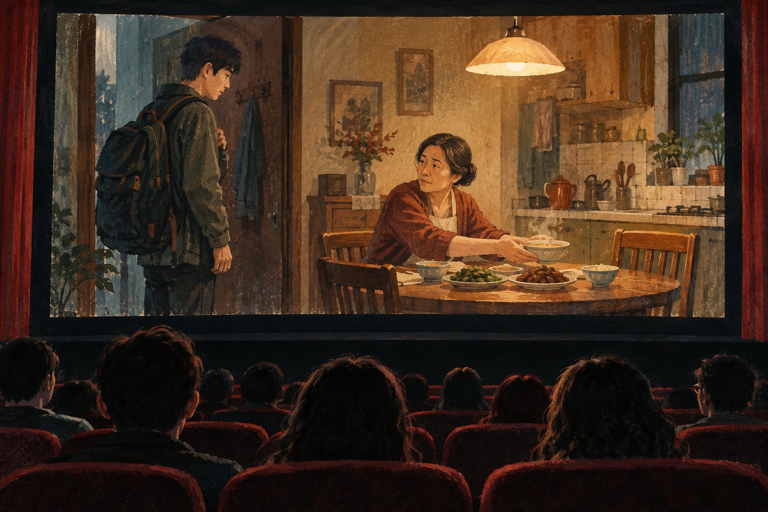 观众凝视银幕上母亲向背包青年递出热汤的虚构家庭场景插画,非参展影片剧照