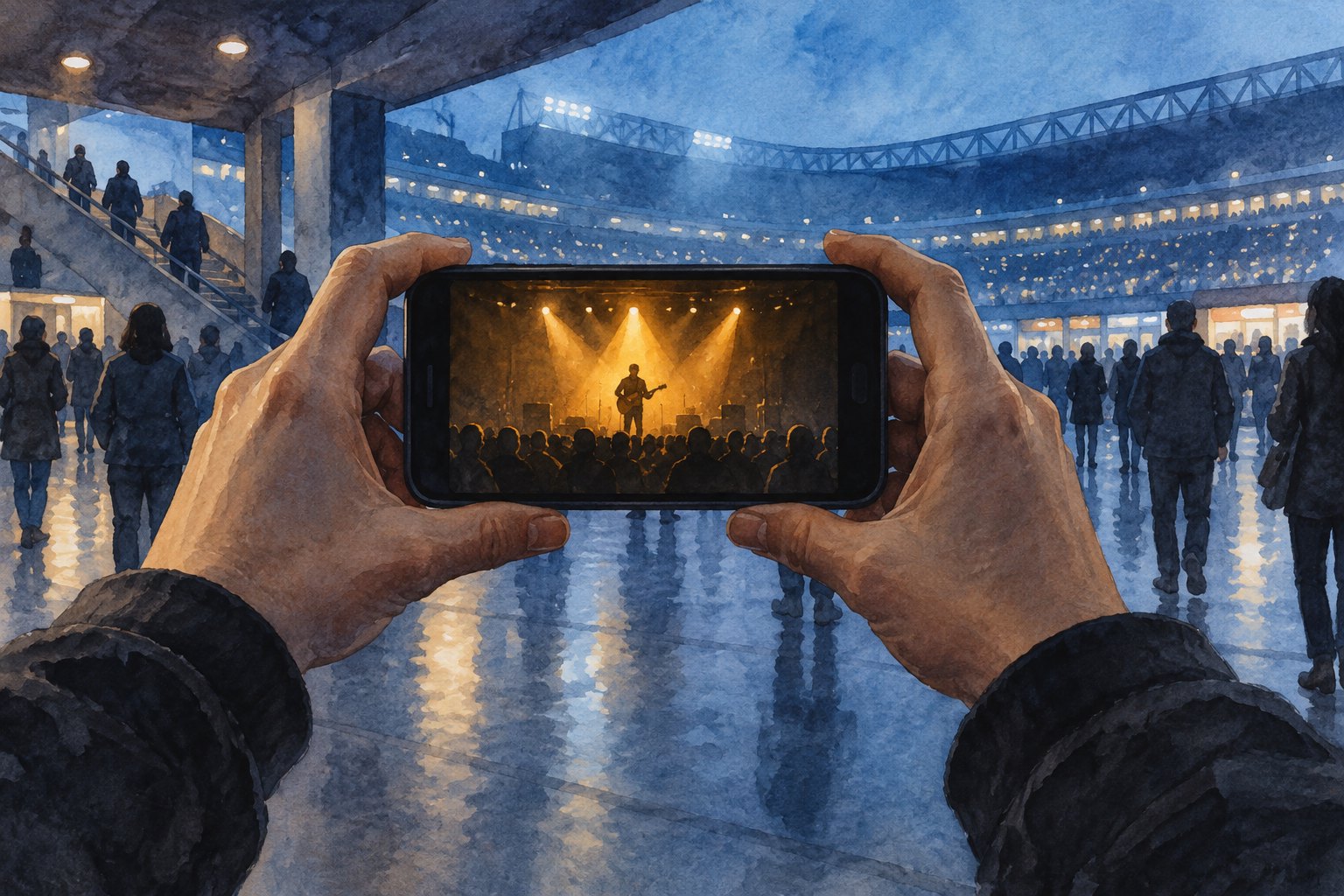 Conceptual illustration of hands framing a distant concert performer on a phone while the wider stadium setting extends beyond the screen.