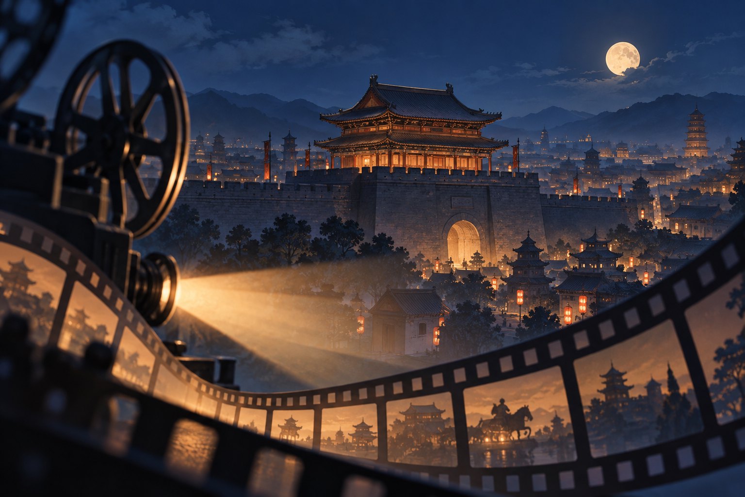 古城楼夜色与放映光束、胶片交织的电影主题概念插画