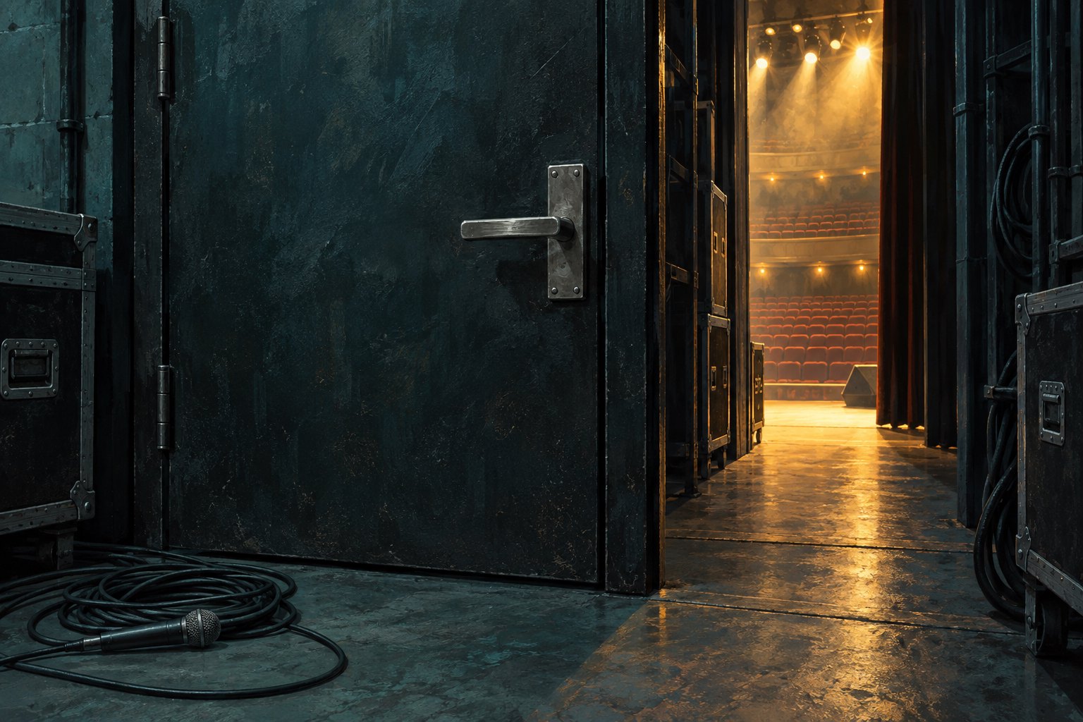 Conceptual backstage illustration of a dark door and a coiled microphone cable beside a passage overlooking warmly lit empty seats.