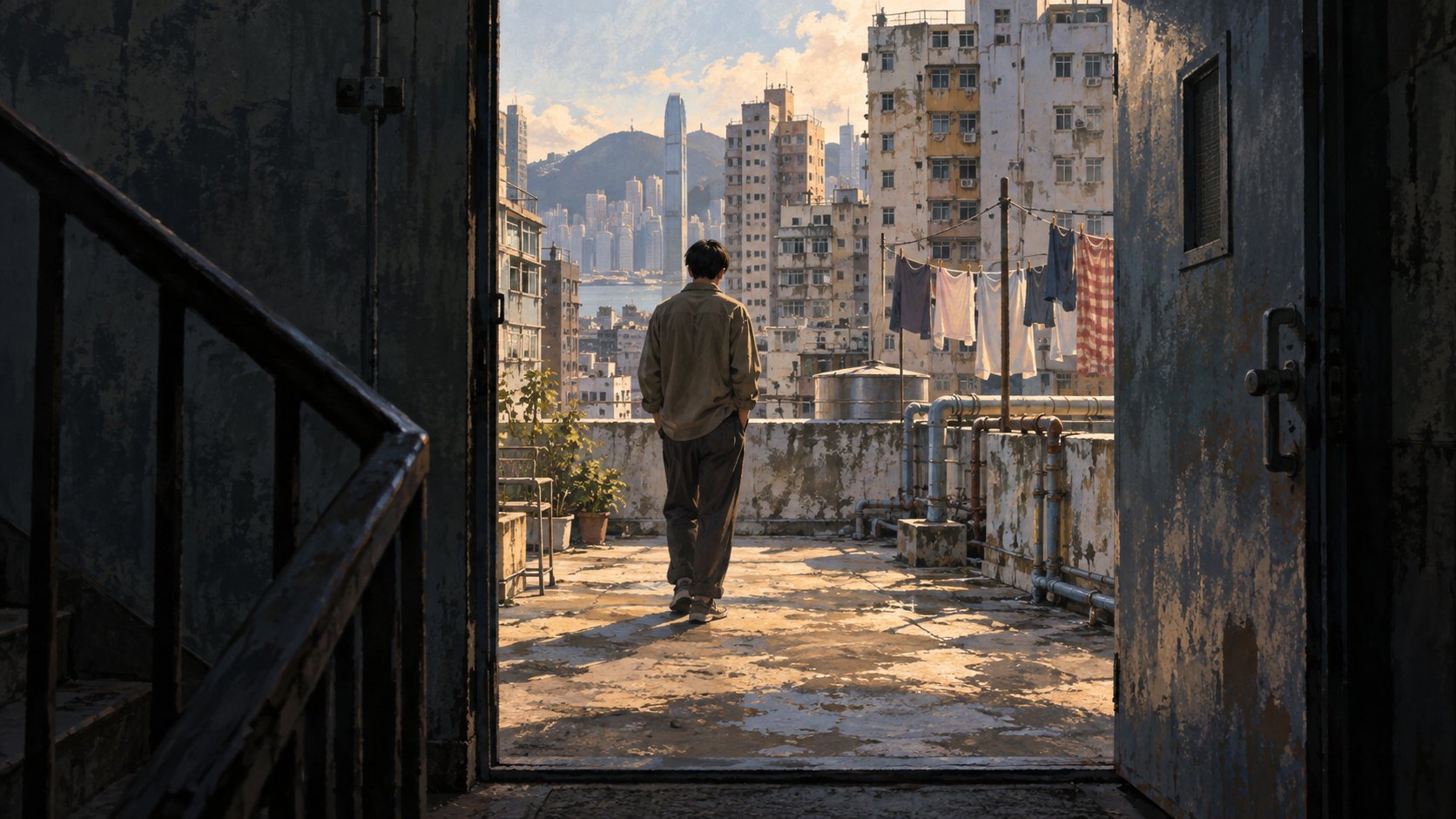 原創概念插畫:人物從陰暗樓梯間走向明亮天台,門框與女兒牆界定有限的去路