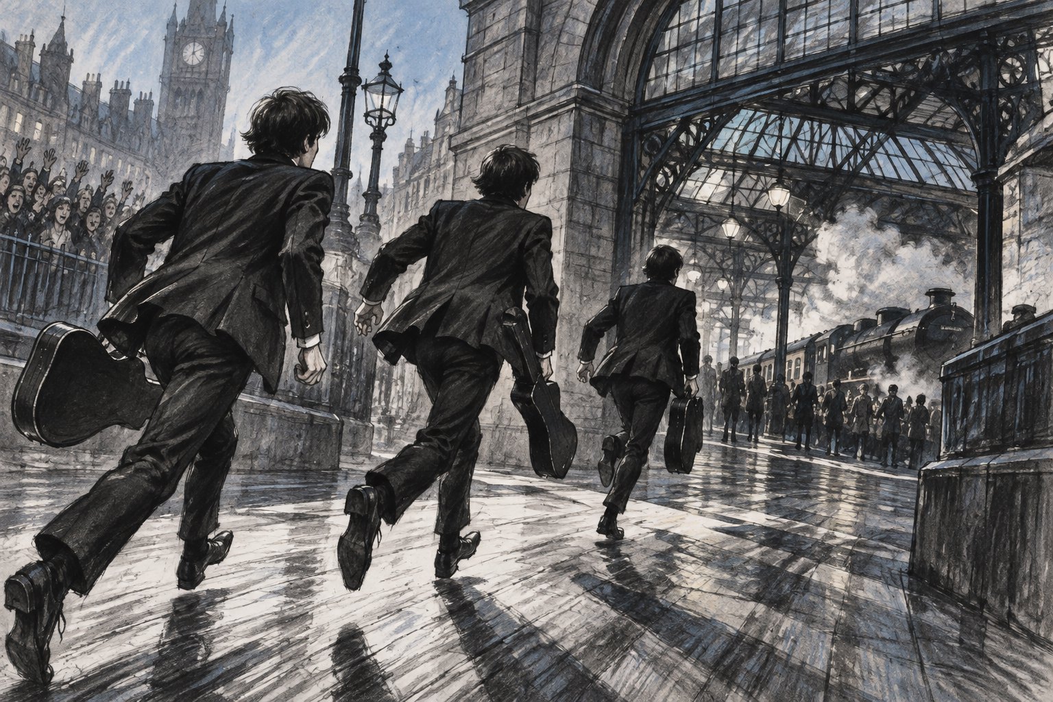 An interpretive ink illustration of three suited musicians running toward a railway station with a crowd behind them.