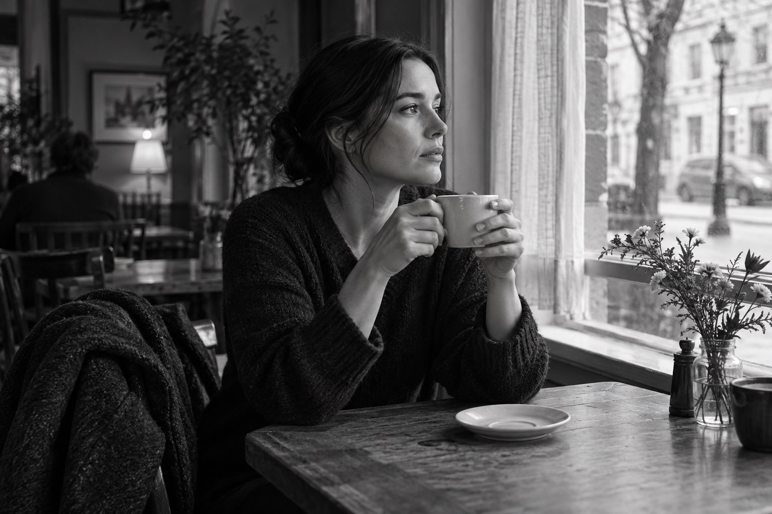 Black-and-white illustration of a woman holding a cup beside a bright cafe window, with textured clothing and a softly shaded interior.