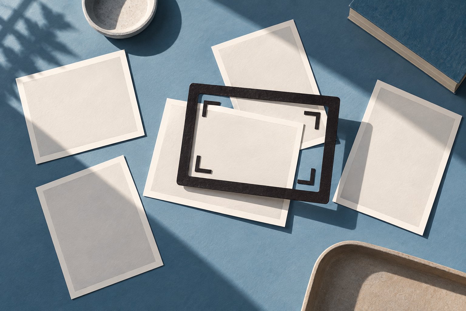 Conceptual illustration of blank photographic prints beneath a black viewfinder frame on a blue tabletop.