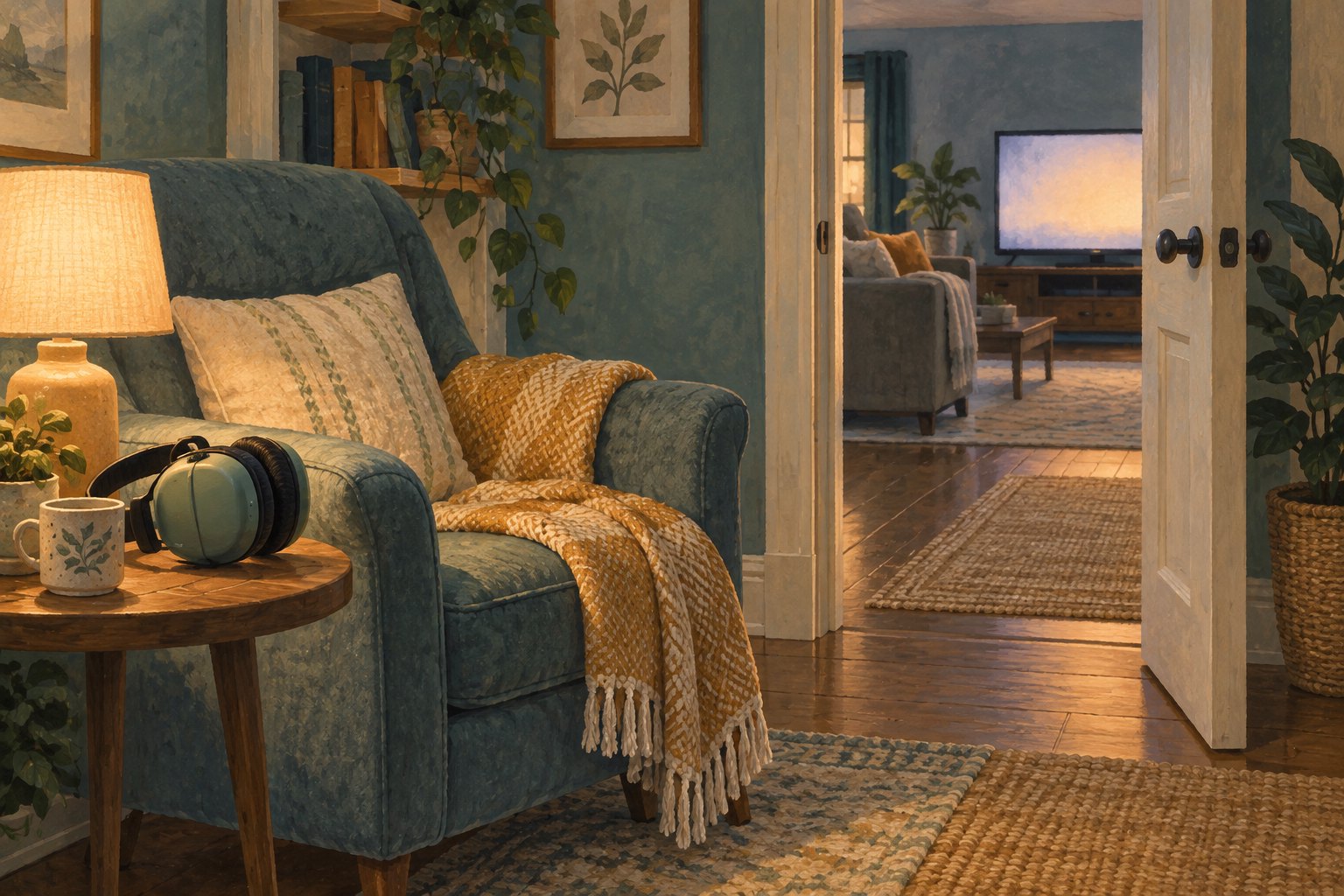 Editorial illustration of a quiet armchair nook with ear defenders and a blanket beside an open doorway to a television room.