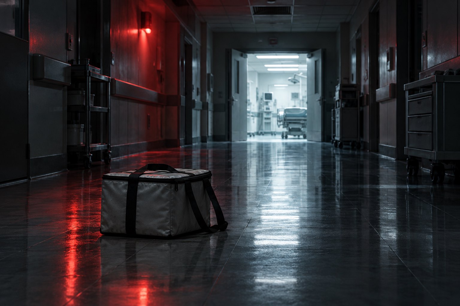 Concept illustration of a medical delivery bag on the floor of an empty hospital corridor under red emergency lighting.