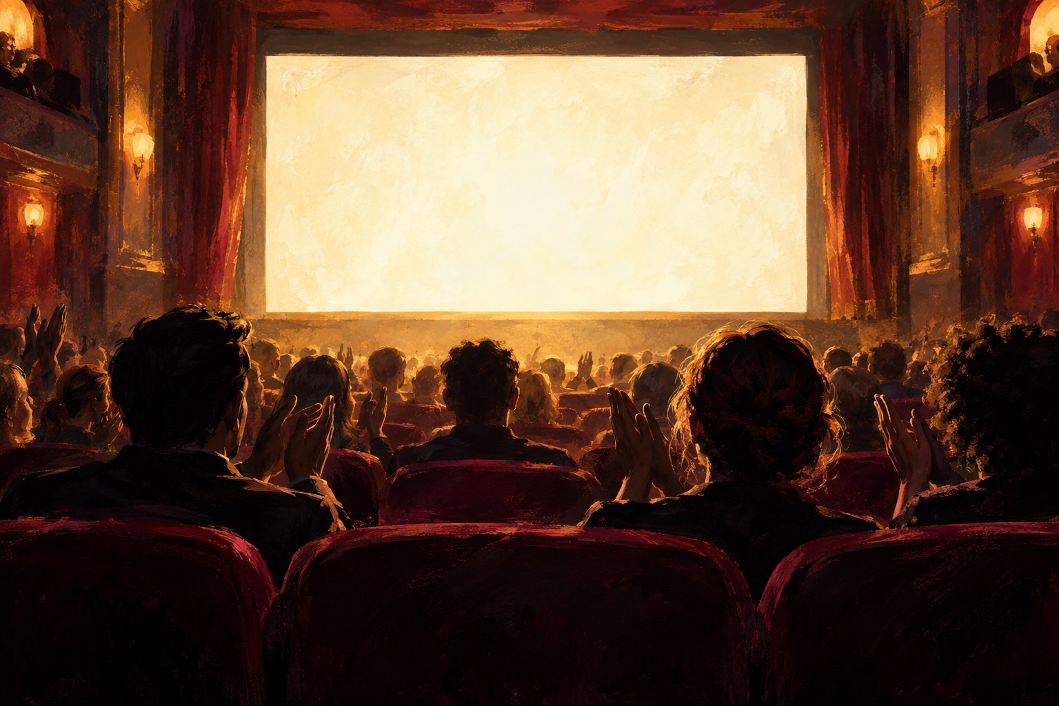 Painterly illustration of a seated audience applauding before a glowing blank screen in a warm, ornate movie theater.